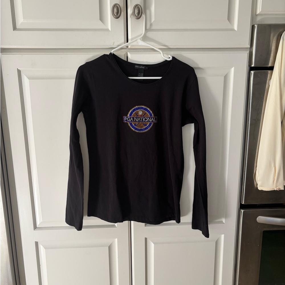 TITANIA GOLF Black PGA National T-Shirt Rhinestone long  Sleeve Golf‎ Size L